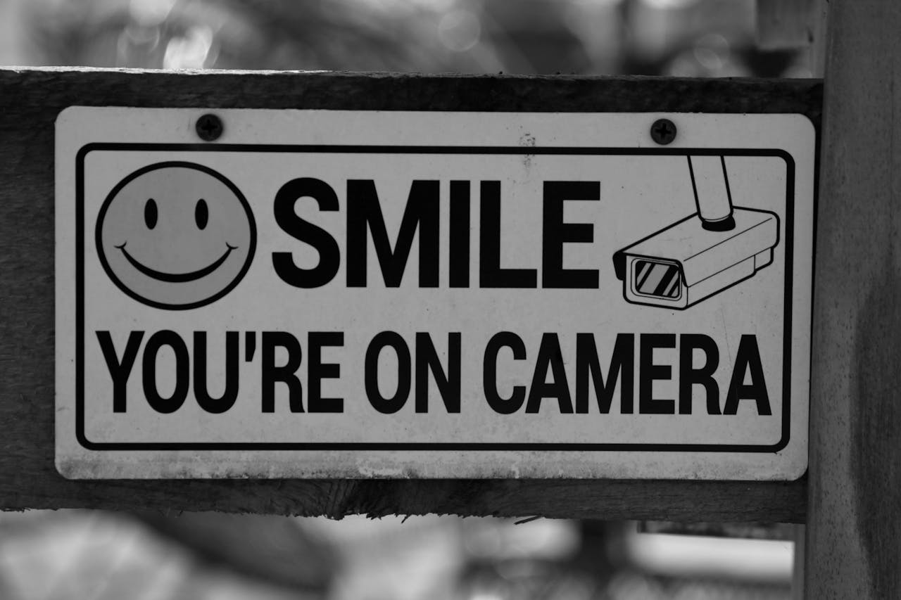 Black and white sign with security camera warning and smiley face.